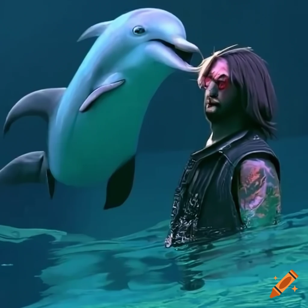 Johnny Silverhand with a majestic dolphin in a cyberpunk style