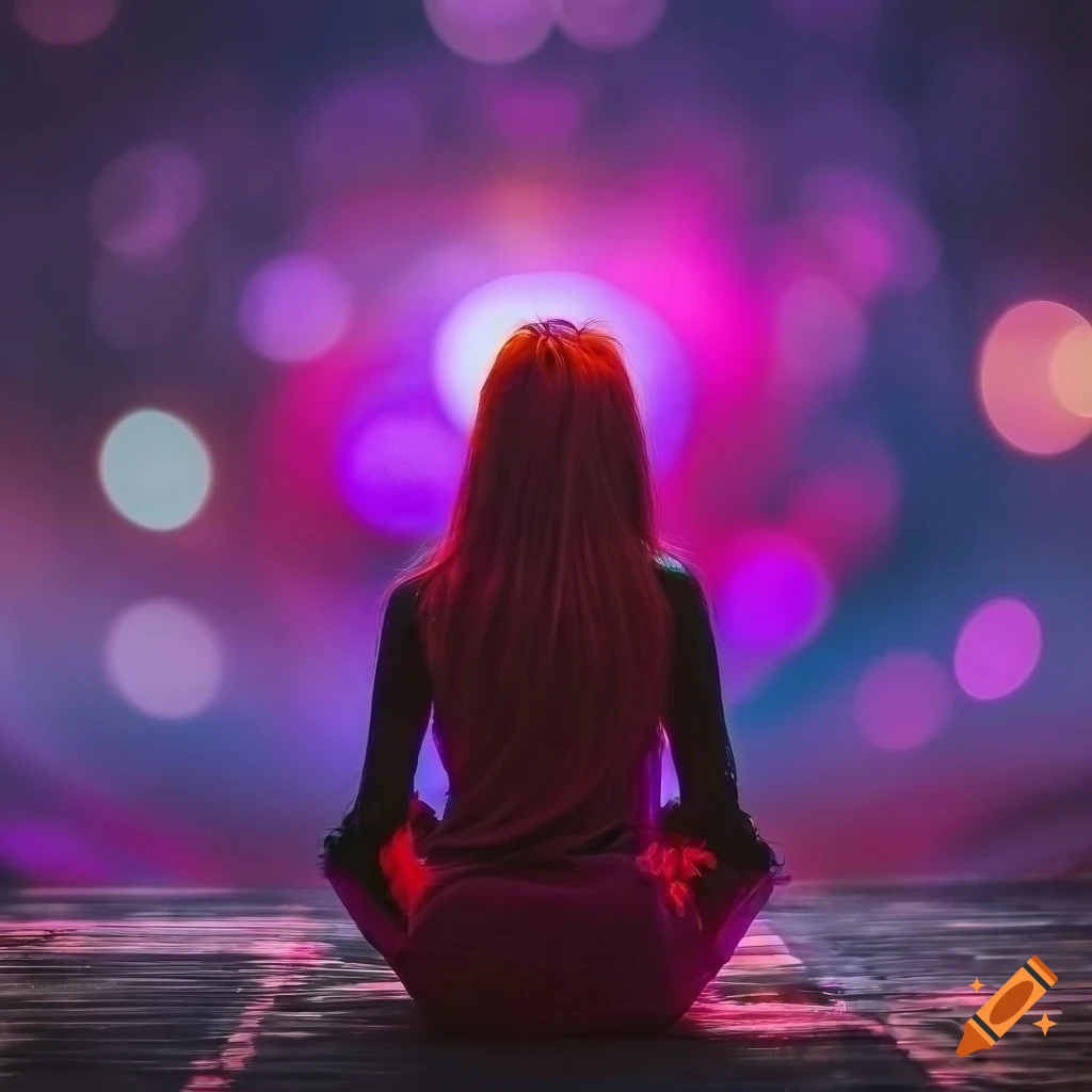 Female with long pink hair in dreamscape with glowing silhouette