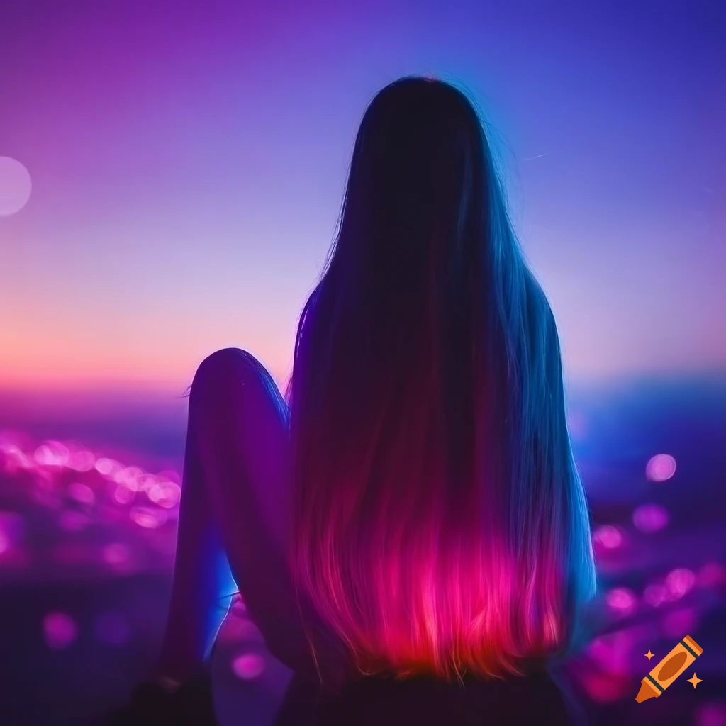 Female with long pink hair sitting in dreamscape with glowing silhouette and neon bokeh