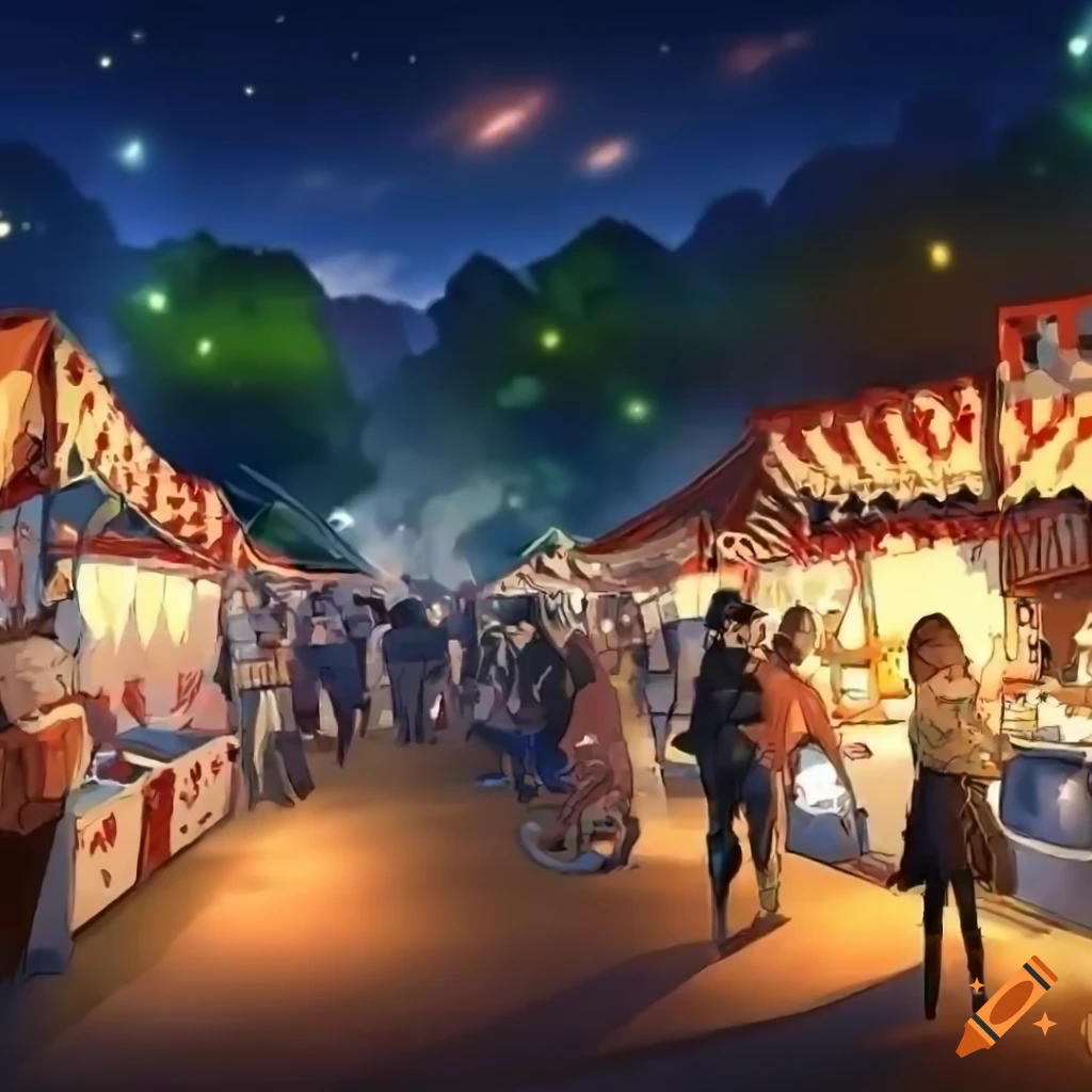 Night market in a small town with stalls and musicians