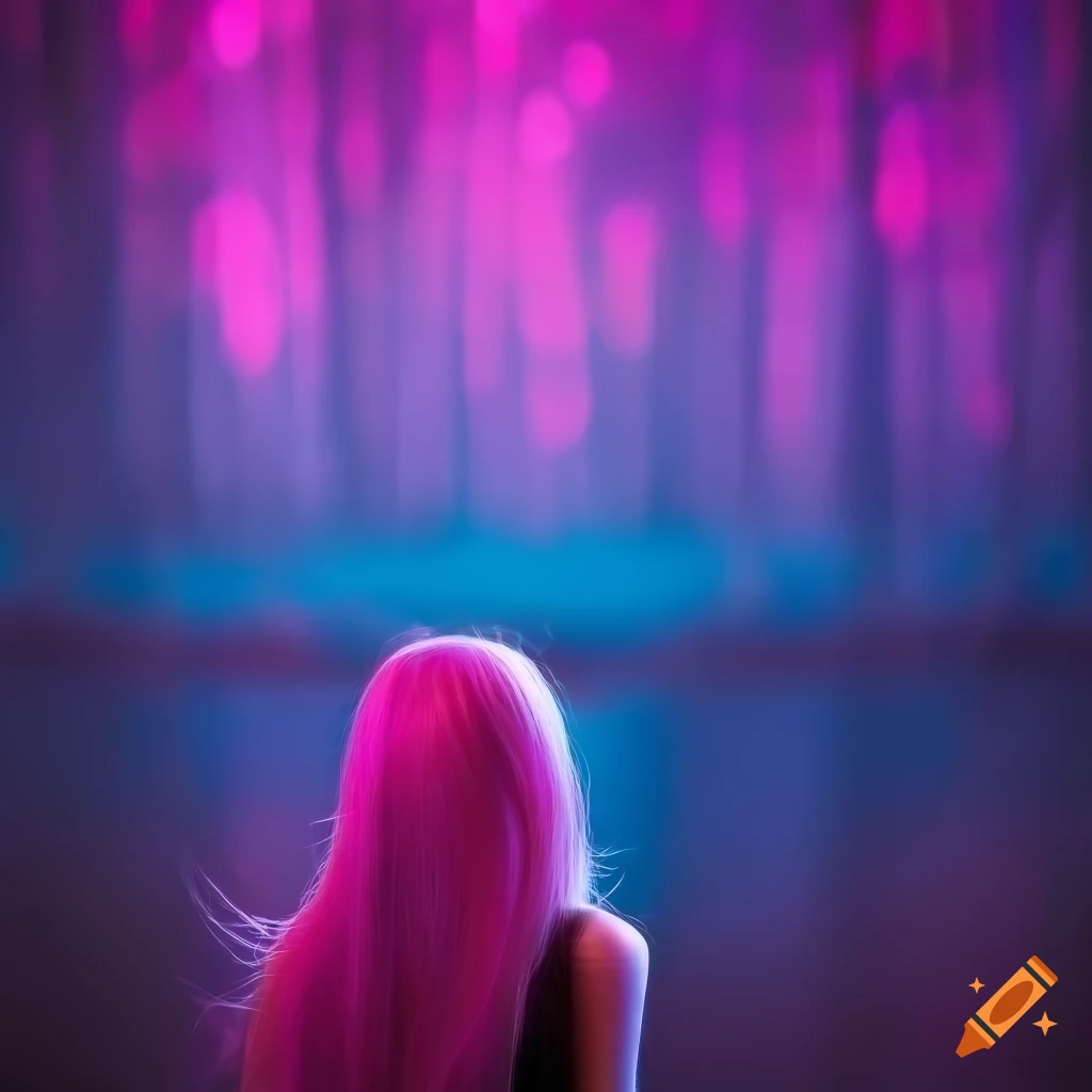 Female with long pink hair in a glowing dreamscape with neon lights