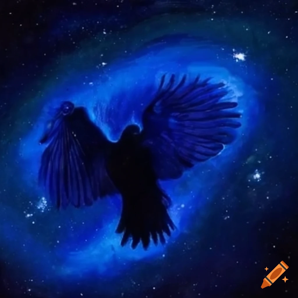 Raven playing under the cobalt blue Milky Way in Robert Crumb style painting