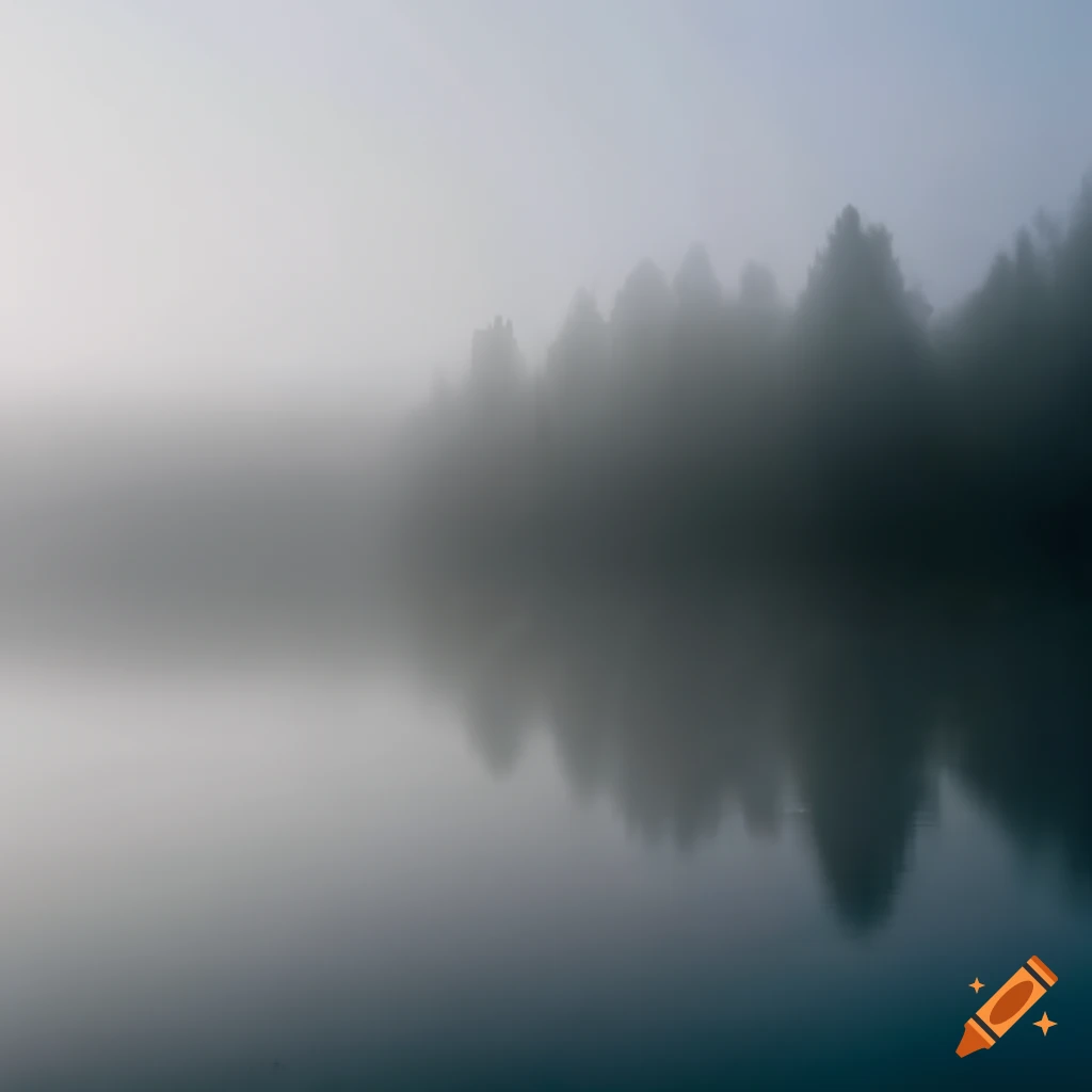 Rocky shore of a mist-covered lake