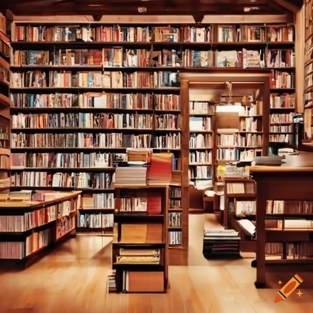 Modern cozy perspective of a bookstore interior