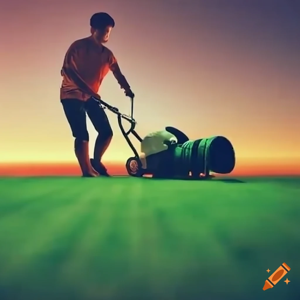 Man creating striped patterns while mowing the lawn with a reel mower