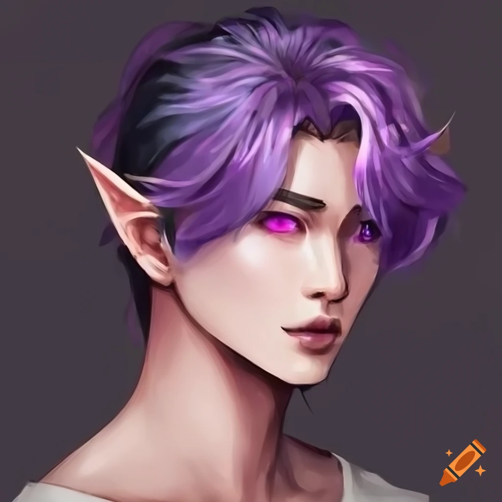 Male half elf with purple eyes and black k-pop hair in anime style