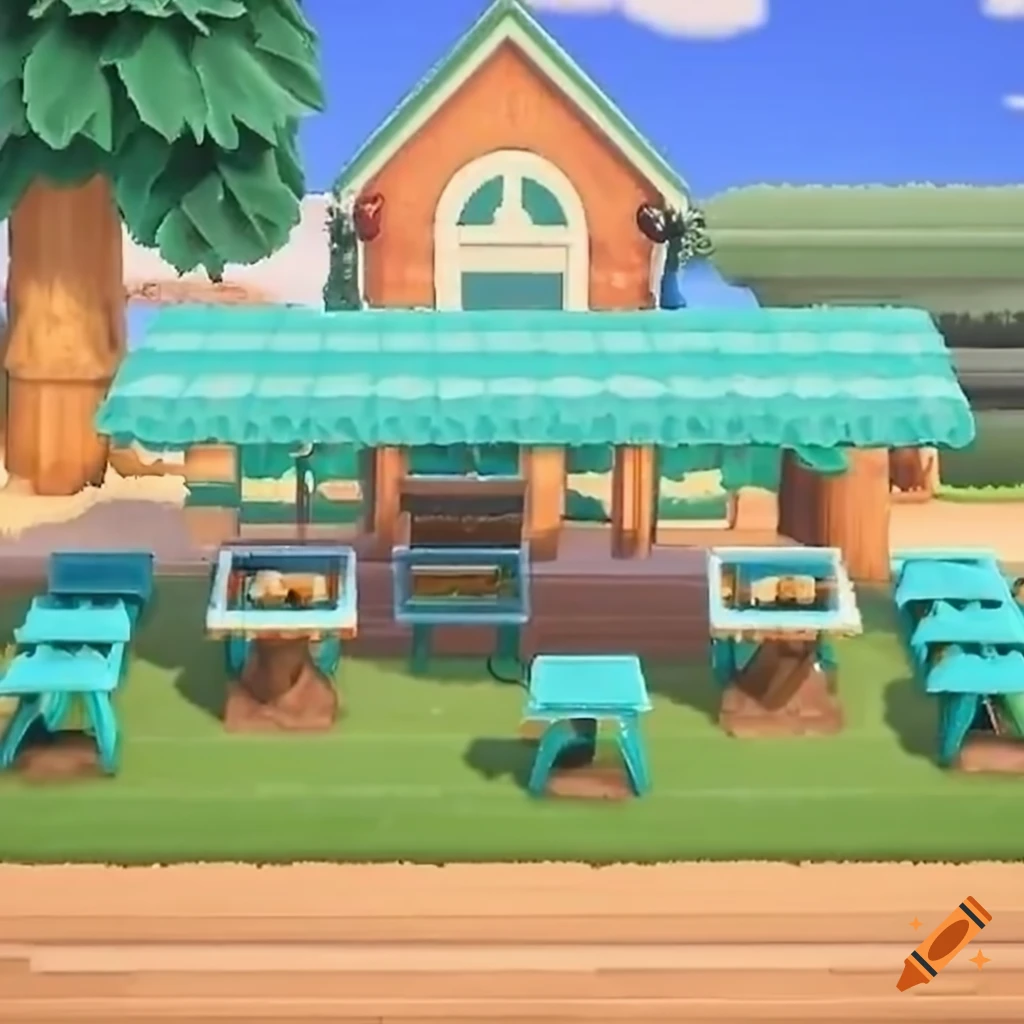 Cafe with turquoise aesthetics in Animal Crossing style