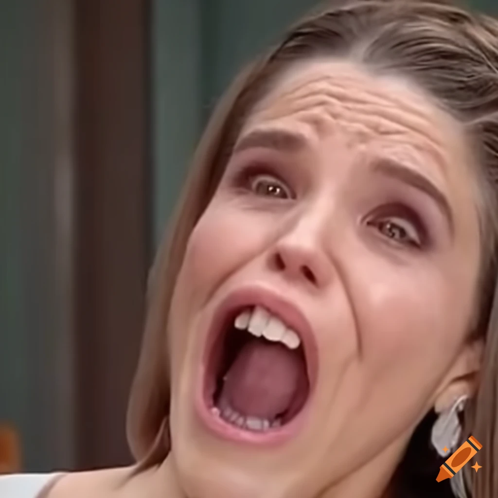 Scared laughing face of Sophia Bush with wide open mouth