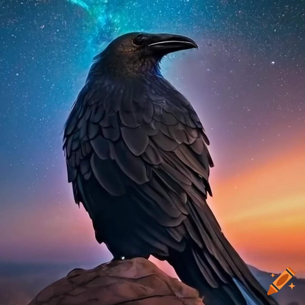 Fat raven contemplating the Milky Way in Antoni Gaudi style