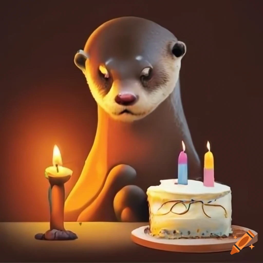 Otter holding a birthday cake with a lit candle