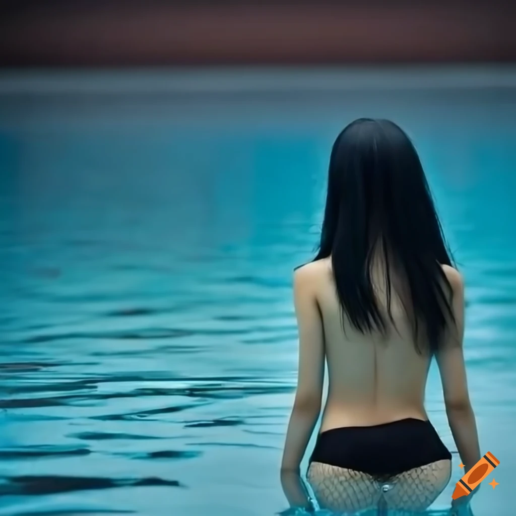 Chinese woman with long black hair swimming in a pool