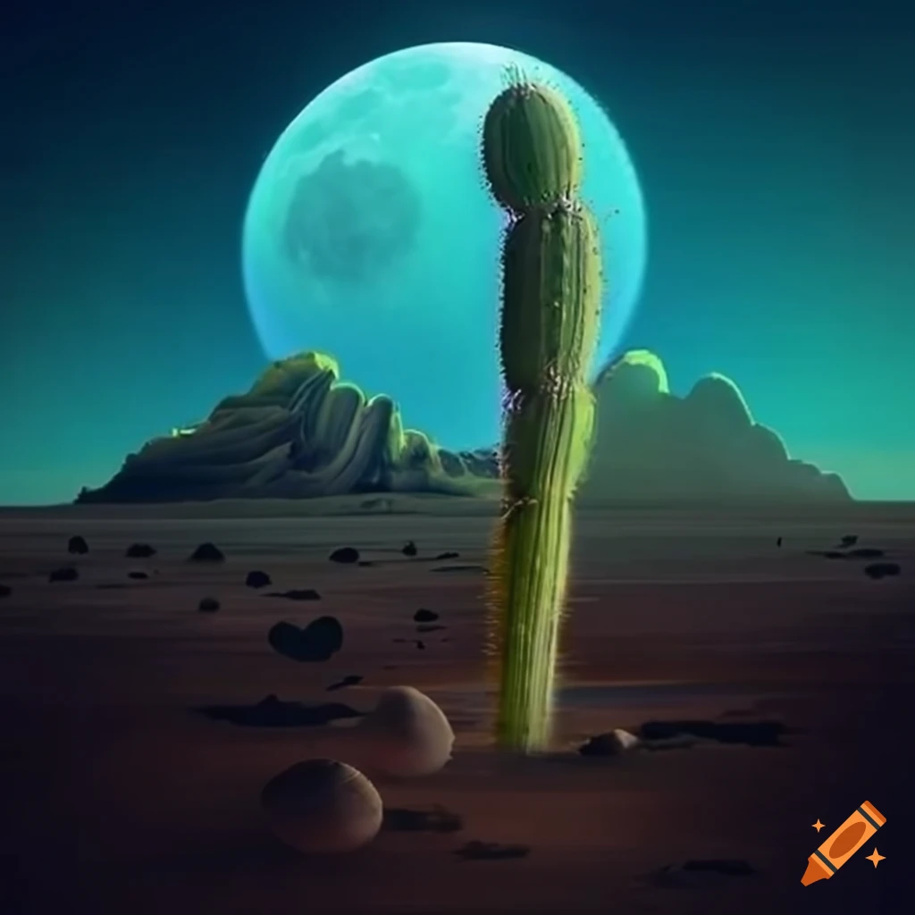 Surreal scene of a towering cactus on the moon's surface