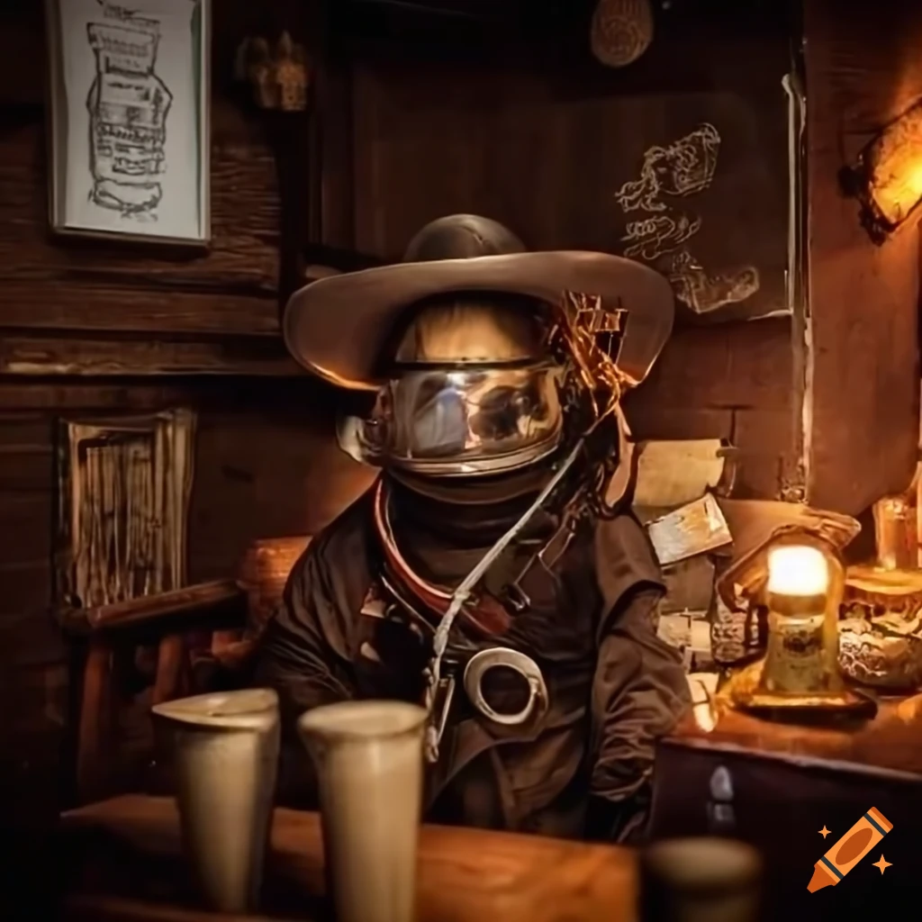 Sad astronaut with cowboy hat at a rustic saloon bar