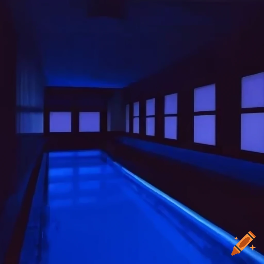 Surreal 1990s vibe poolrooms with white and blue tiles and light coming through windows