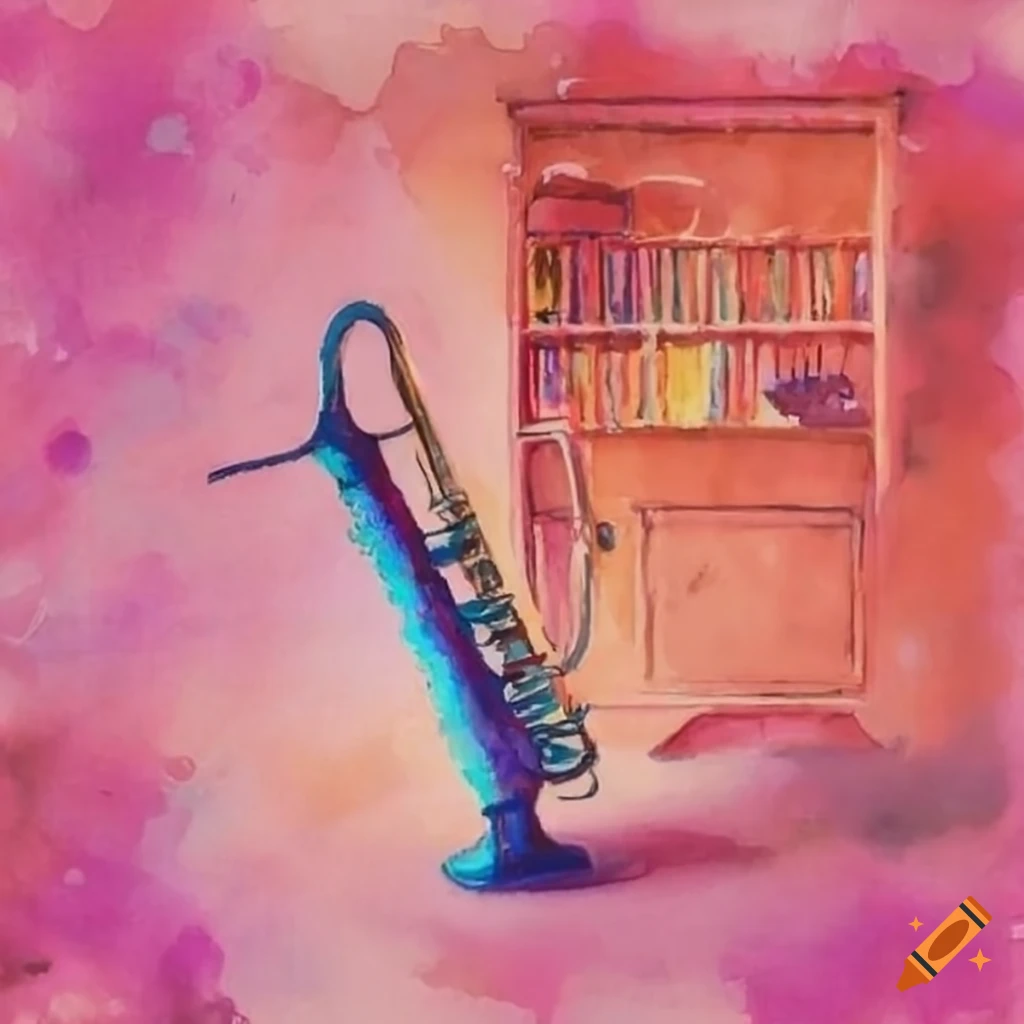 Pastel-colored jazz instrument in a pink library