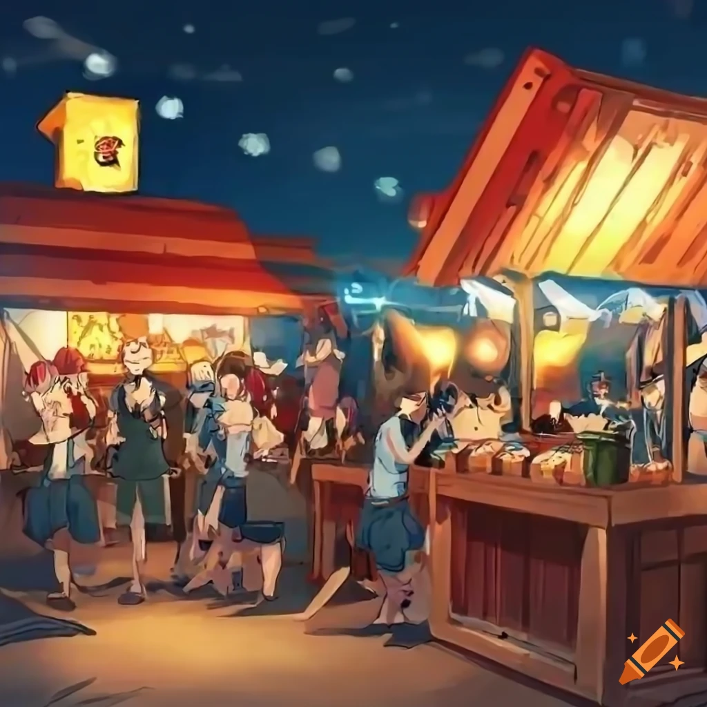 Night market in a small town with stalls and musicians