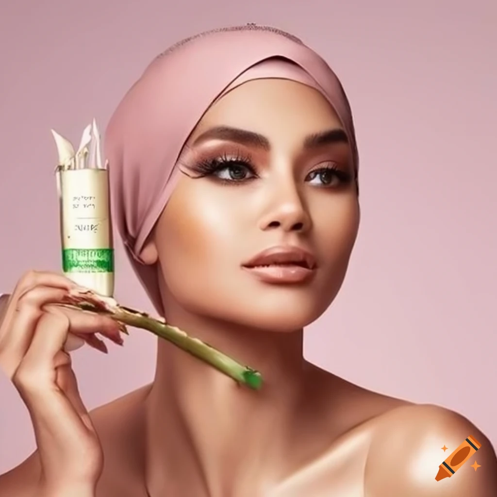 Whitening beauty cream with aloe vera and gold being promoted by a model in hijab and golden crown