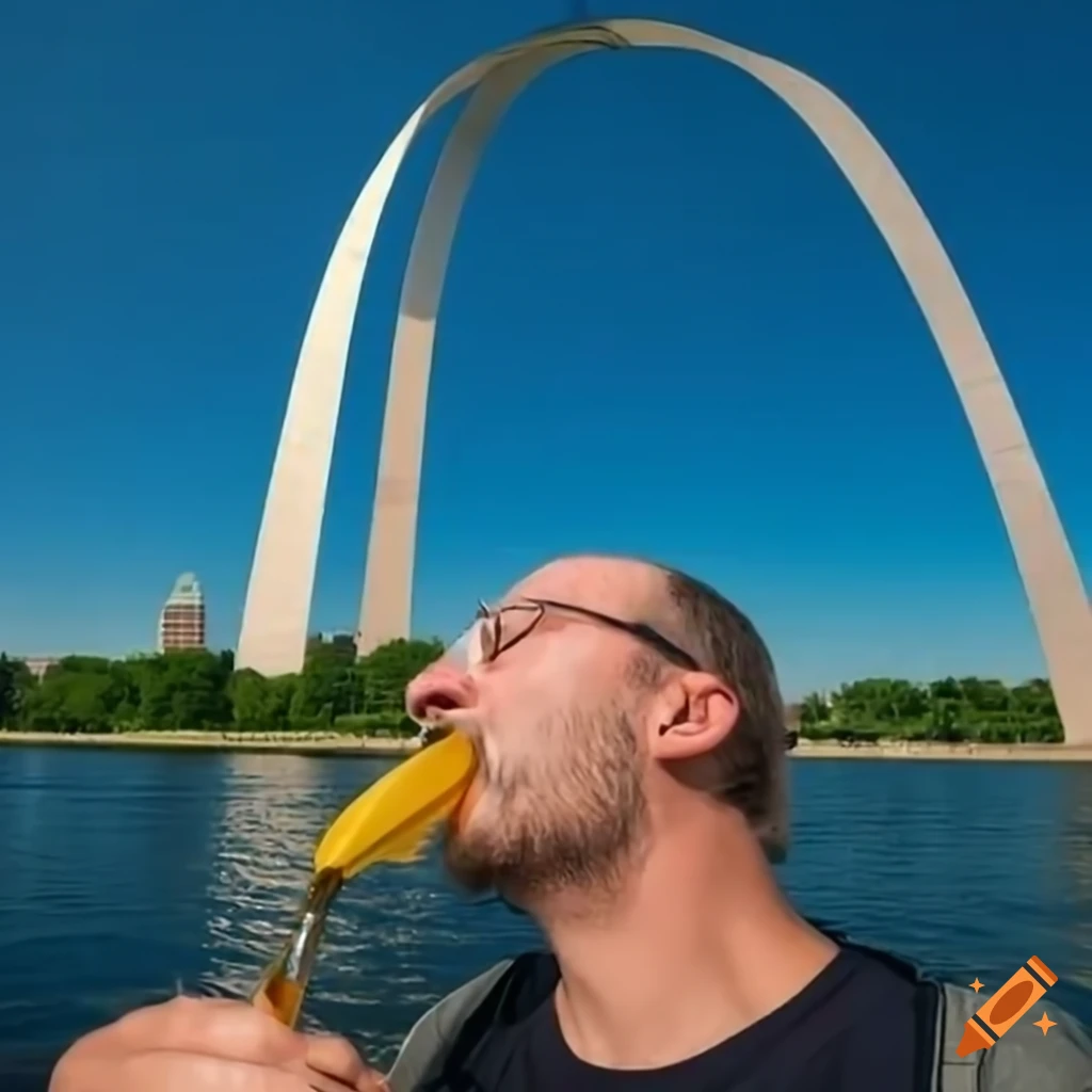 Man with short brown facial hair enjoying a beer under the St. Louis Arch in a kayak