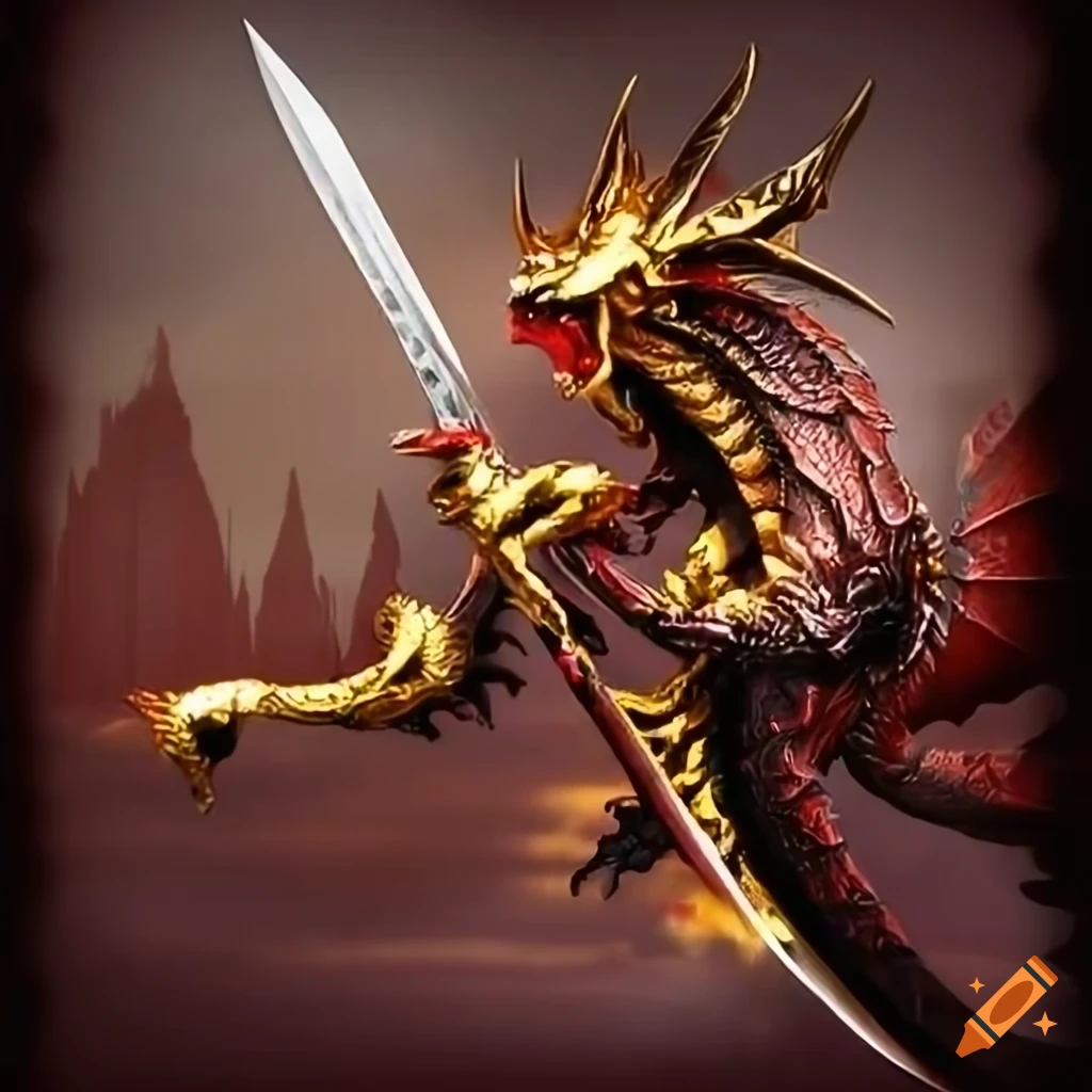 Dragon with red eyes holding a golden sword