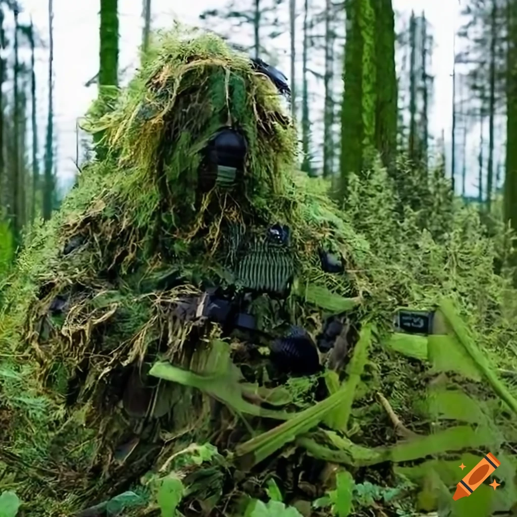Military intelligence operator in ghillie camouflage blending into European forest environment