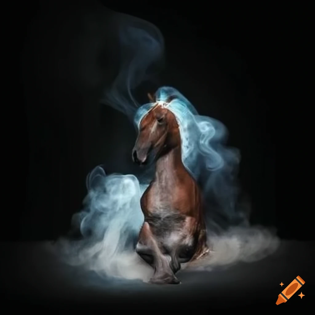 Kneeling horse surrounded by smoke