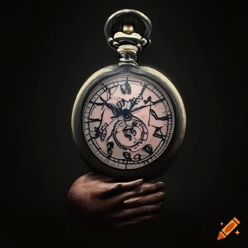 Tattoo design featuring a black ink pocket watch without hands on the ...