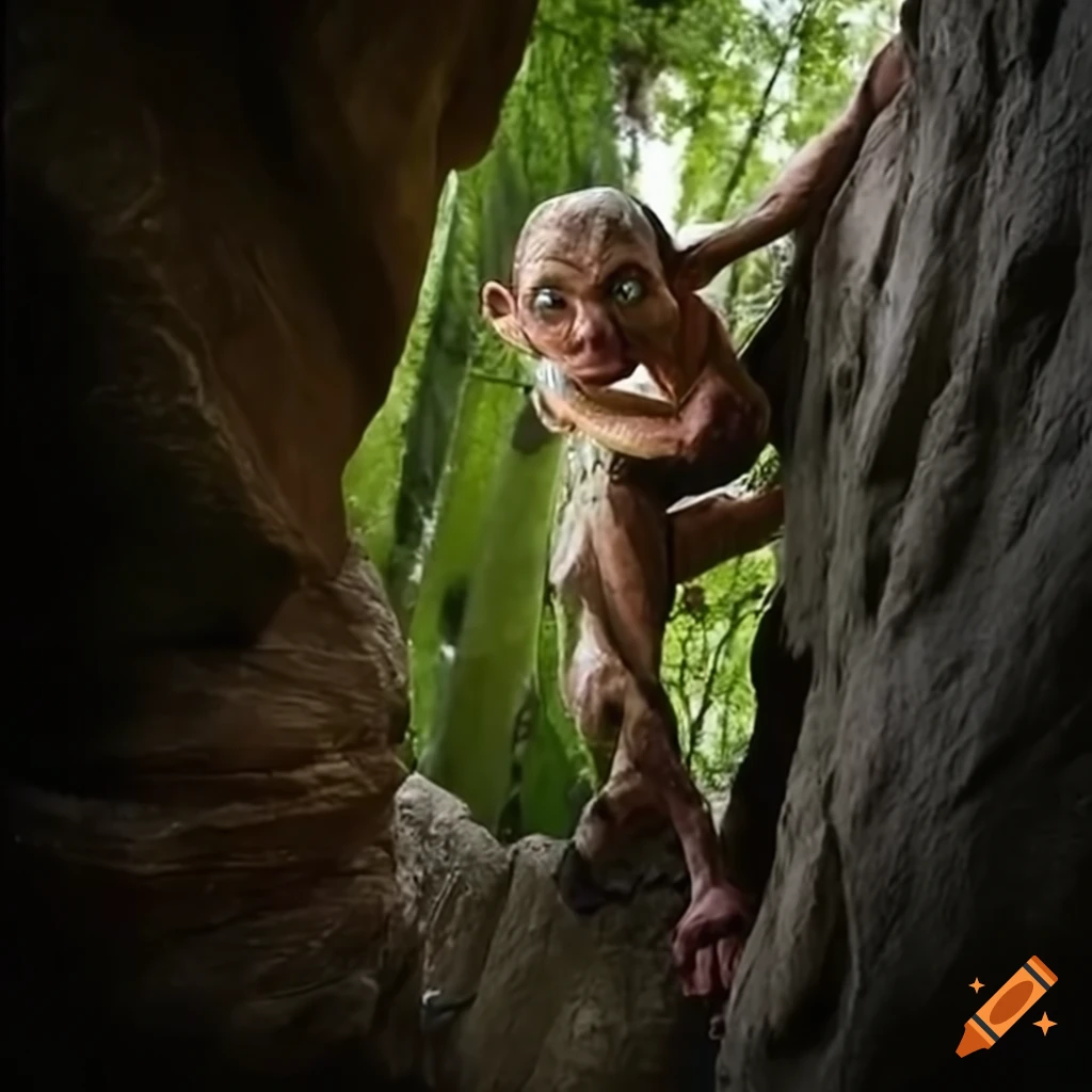 Gollum character from Lord of the Rings rock climbing