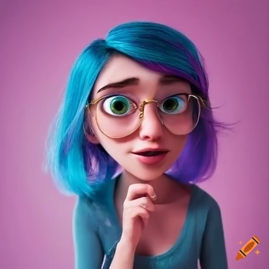 Mujer programadora con cabello morado y turquesa al estilo de dibujos de Pixar
