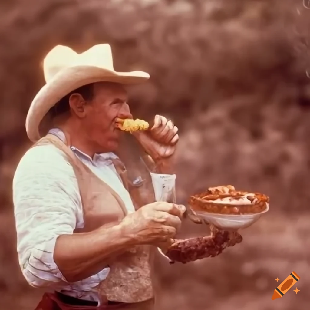 1960s cowboy enjoying beans and bacon