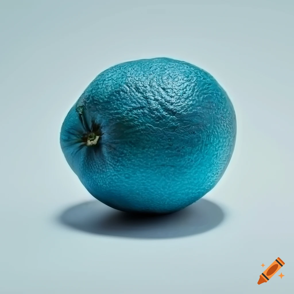 Blue oranges with green leaves on white background