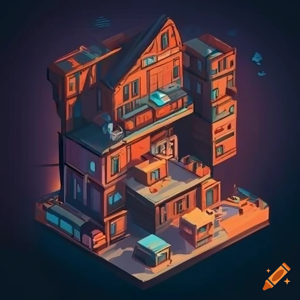 Sci-fi isometric shipping container mountain town