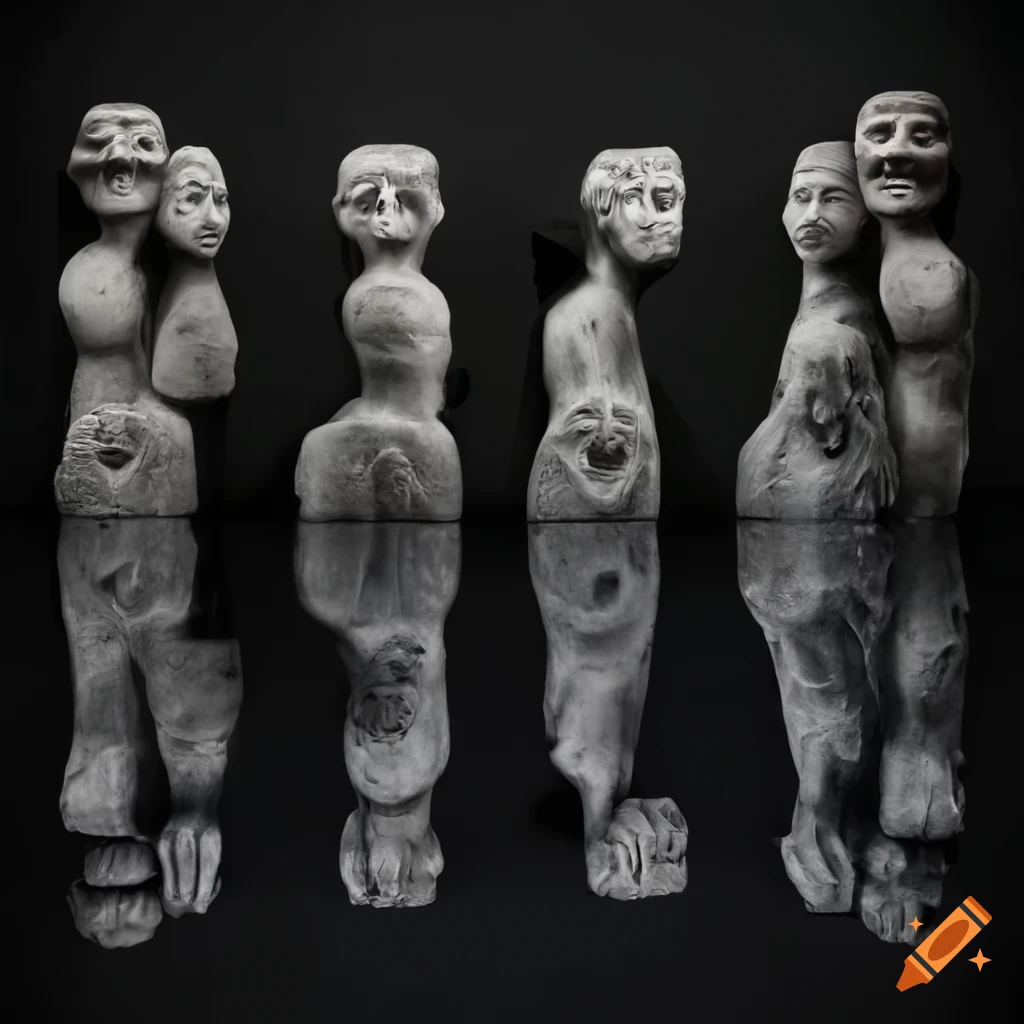 Dark room with six unique stone statues depicting human emotions