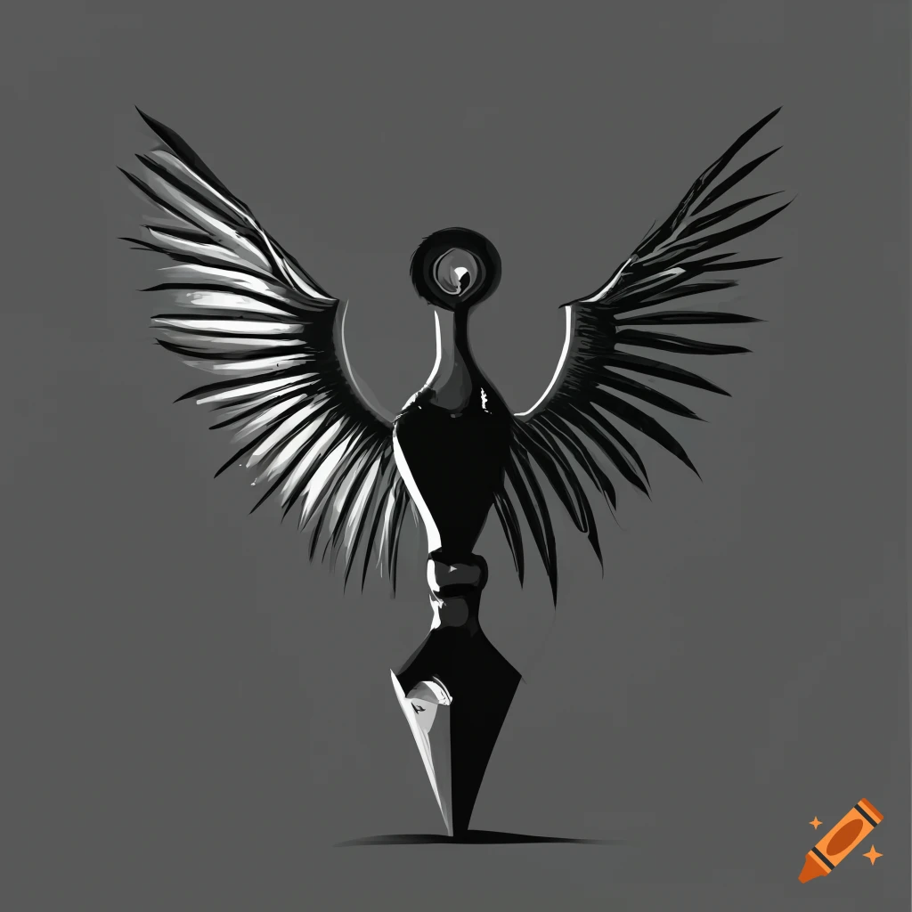 Black and white contrast symbol with kunai and feathered wings