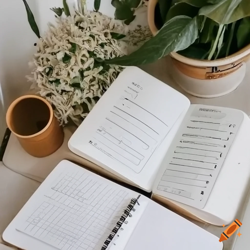 Kawaii notebook on white desk with plants in cozy setting