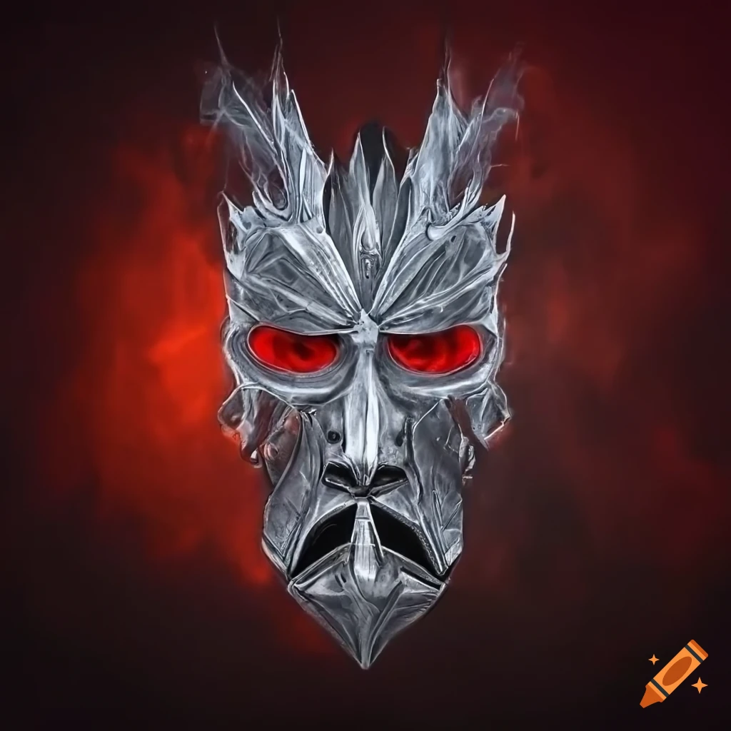 Tribal war mask with burning eyes on a fiery smoke background