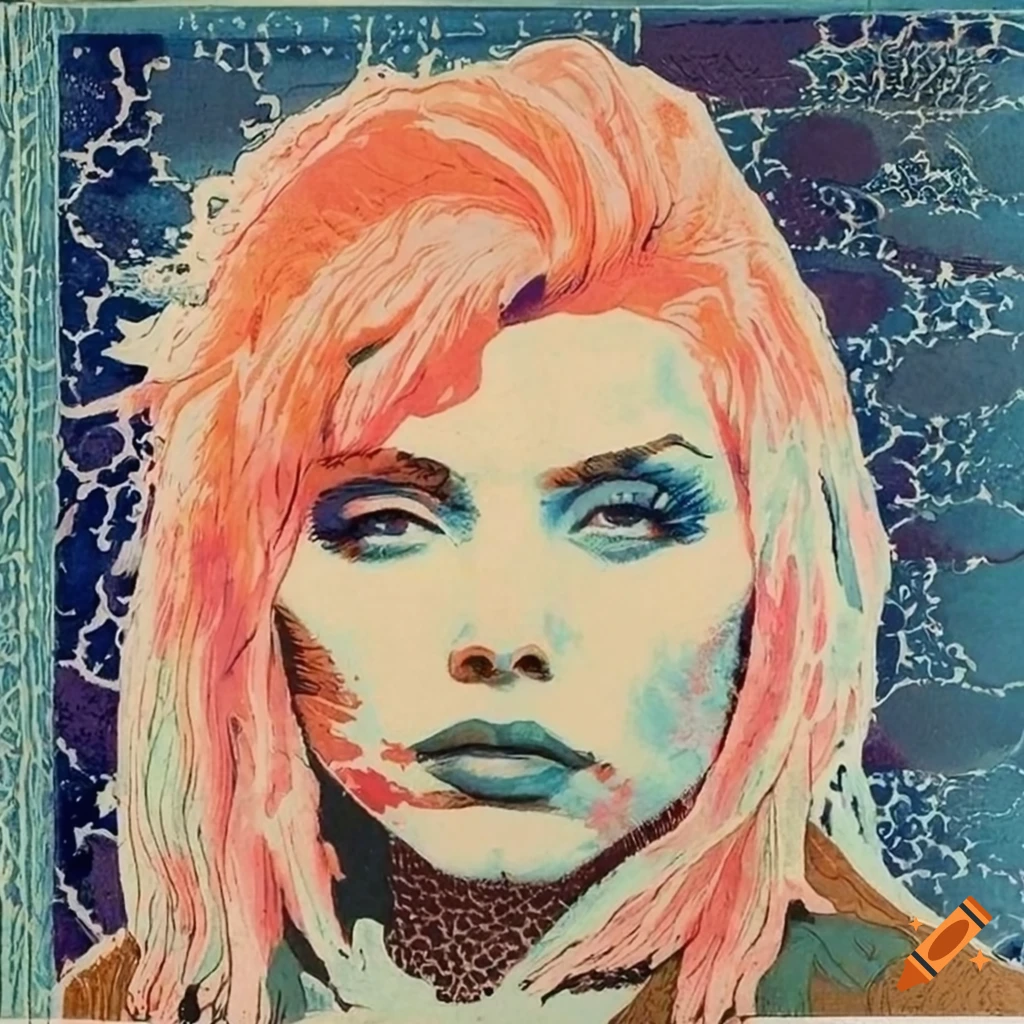 Portrait of Debbie Harry in colorful woodcut style by Hokusai