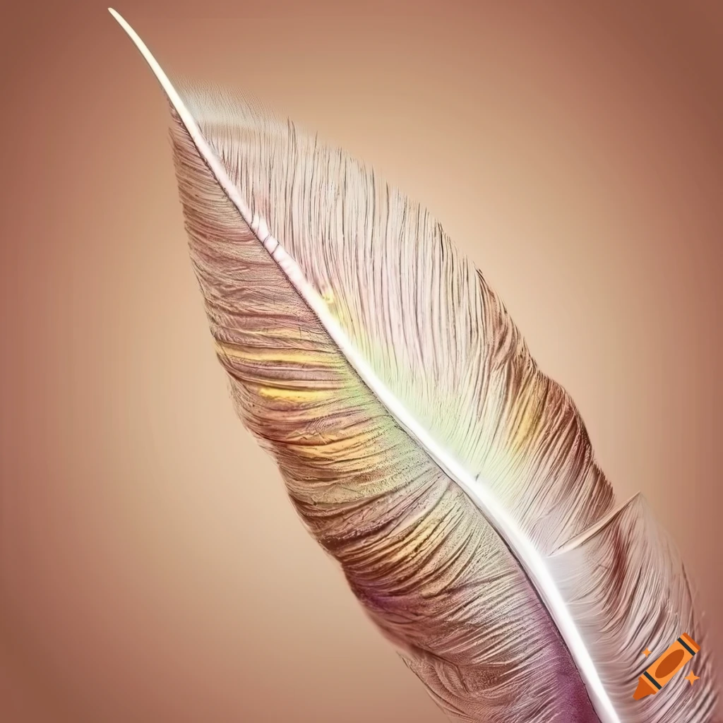Closeup of whimsical iridescent pearly feathers on beige background