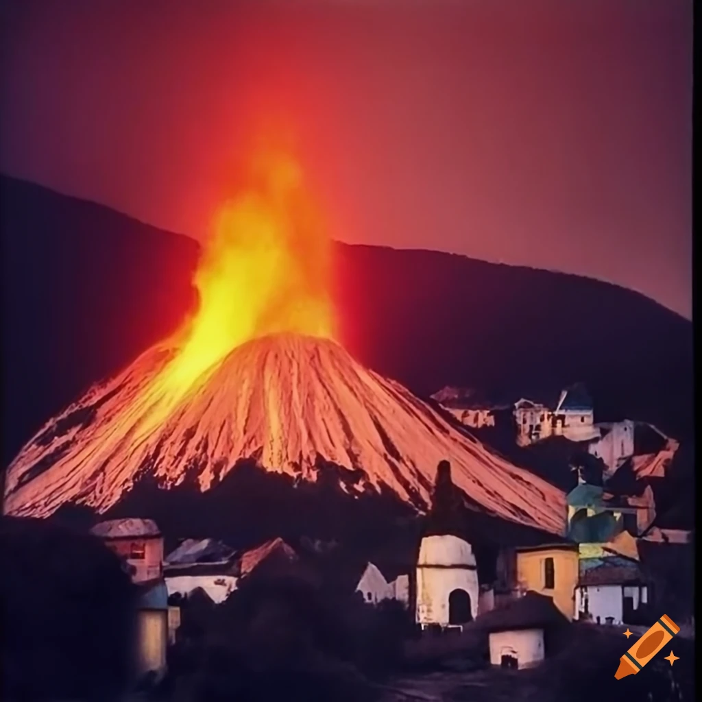 Volcano eruption in Portmeirion village at night reminiscent of The Prisoner series