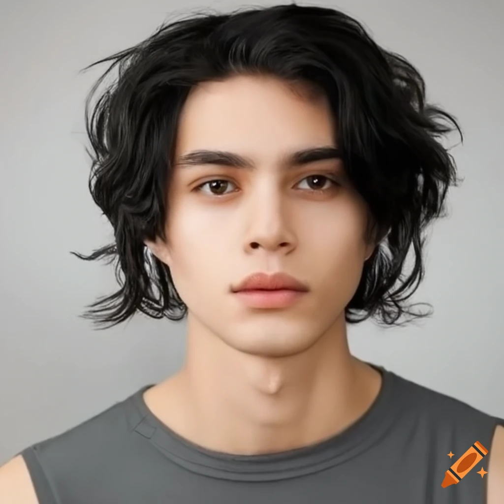 Portrait of a young man with shoulder-length wavy black hair and deep ...