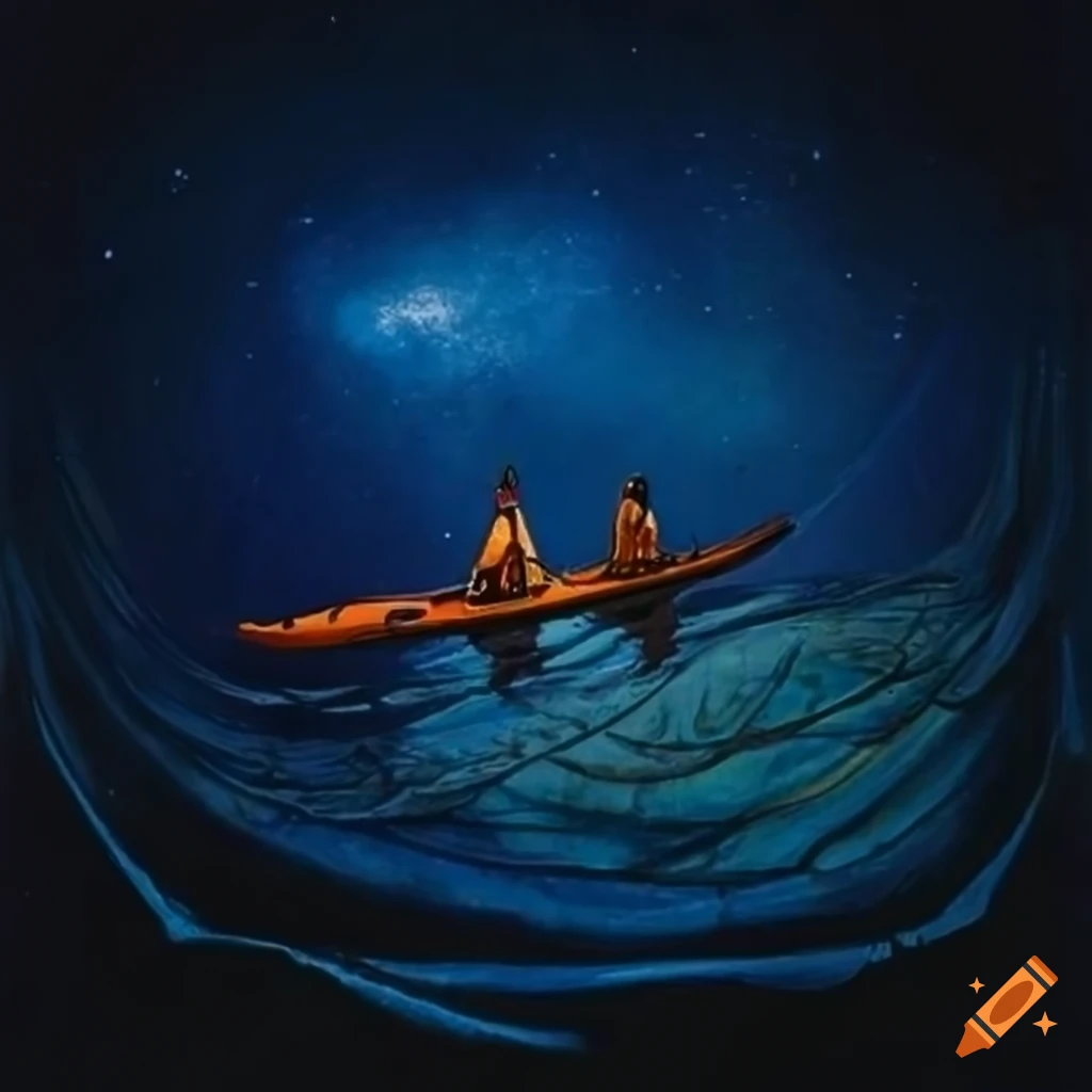 Woman paddling a kayak under the cobalt blue Milky Way in an M.C. Escher style painting