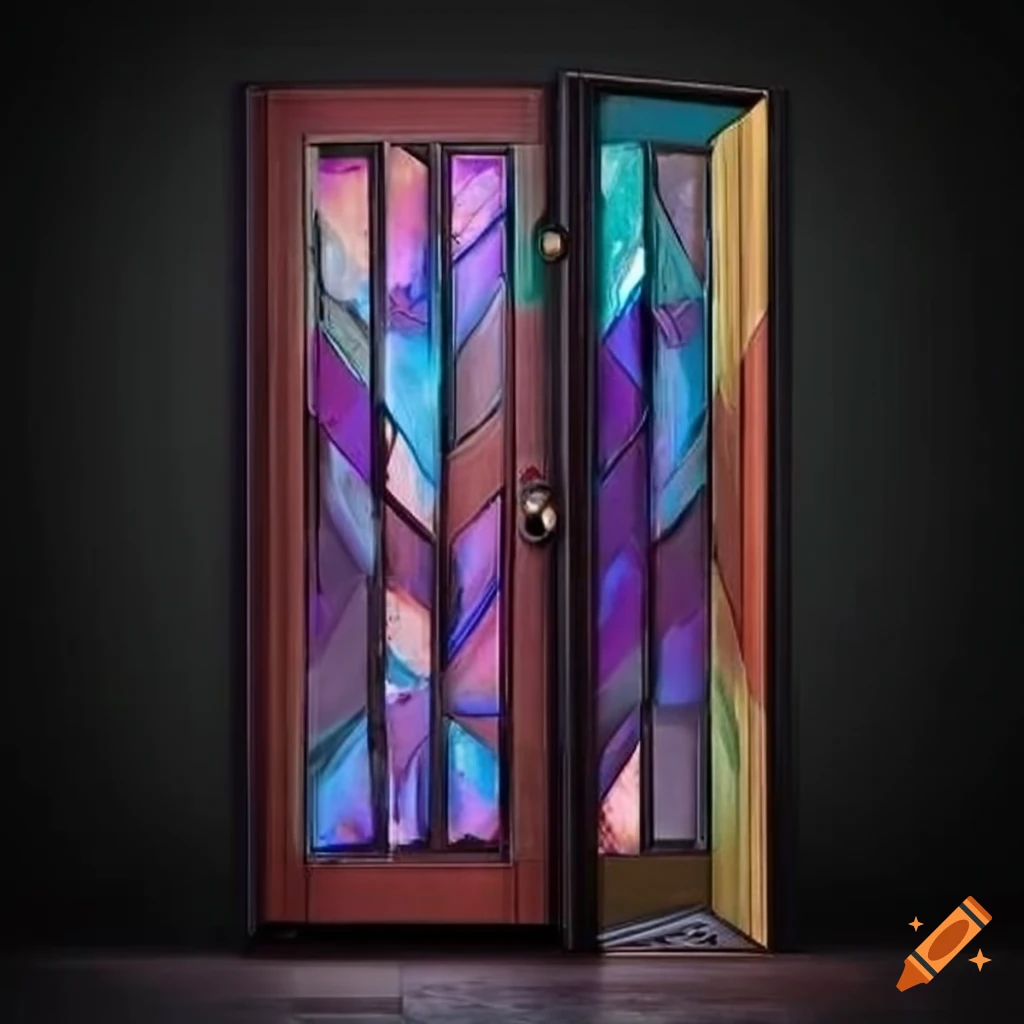 Double door with colorful mosaic stained glass
