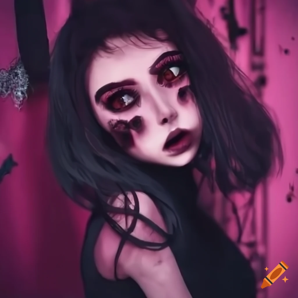 Creepy pink shop with a girl in black skirt and boots