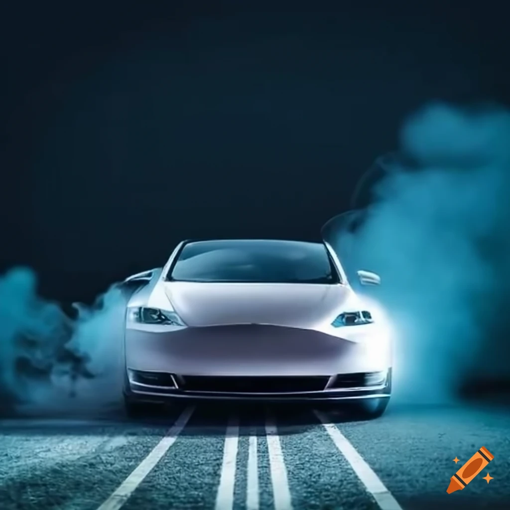 Tesla in a smoky road