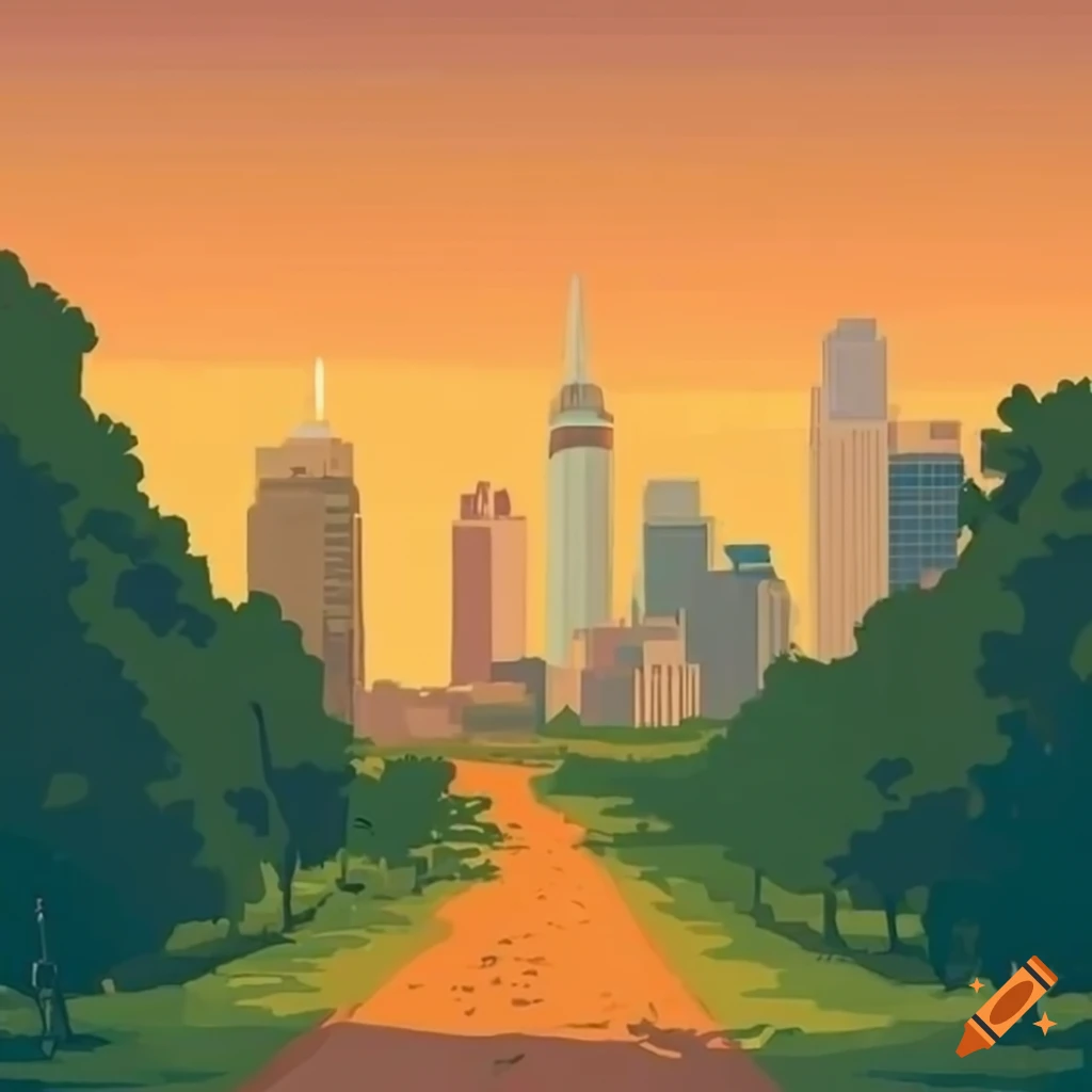 Cyclists in Zilker Park with Austin skyscraper in distance in Studio Ghibli style
