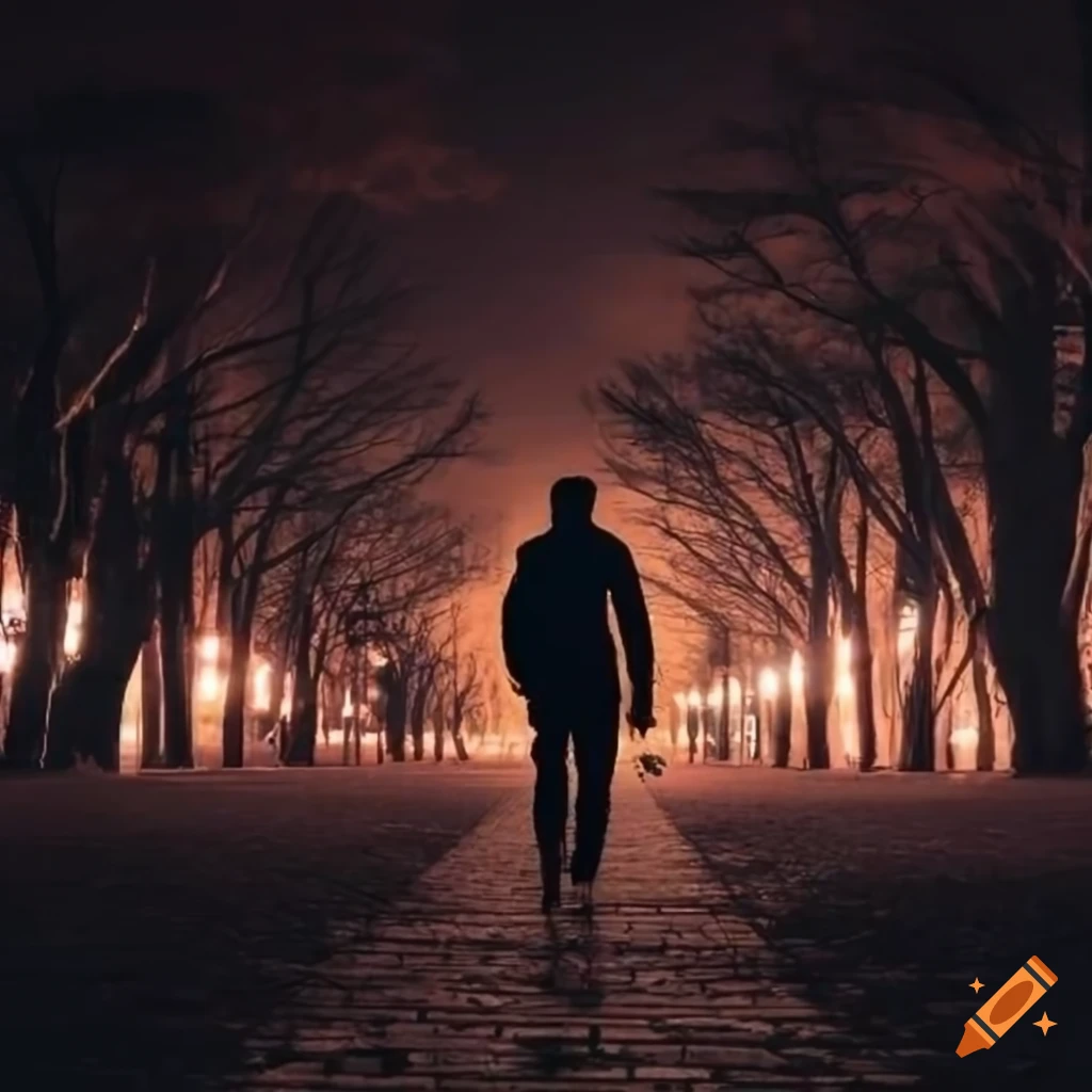 Man walking at night in a park with cypress trees and wet pavement