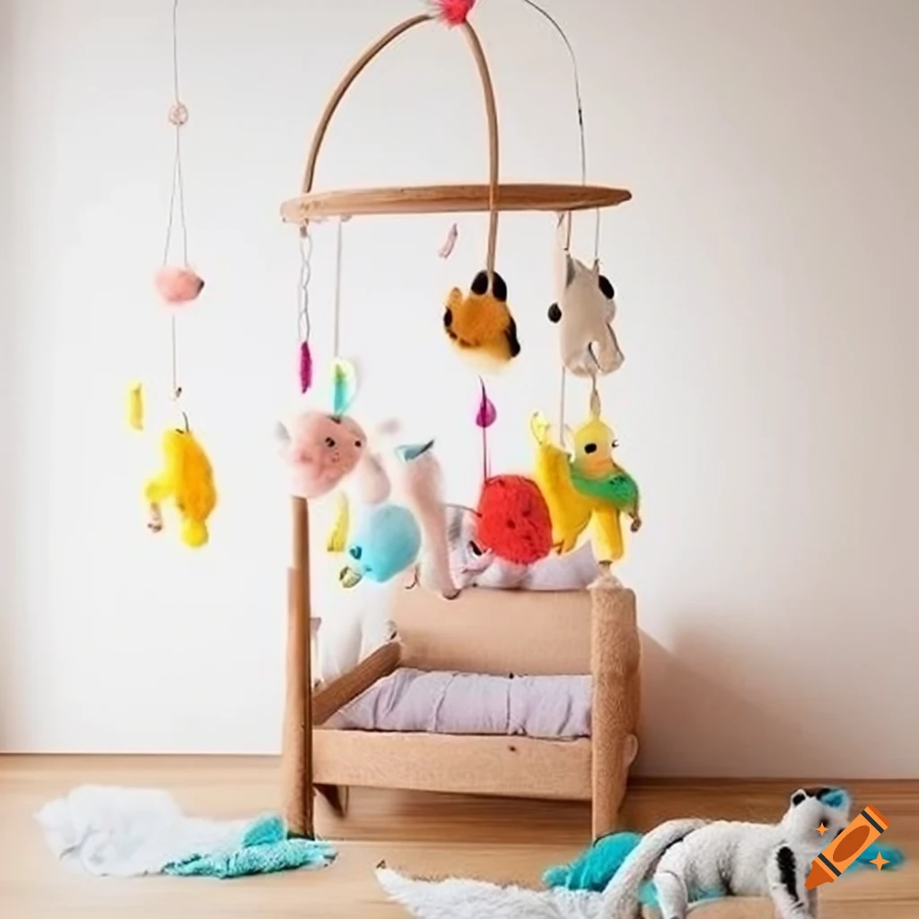 Children's bed mobile with felt animals hanging