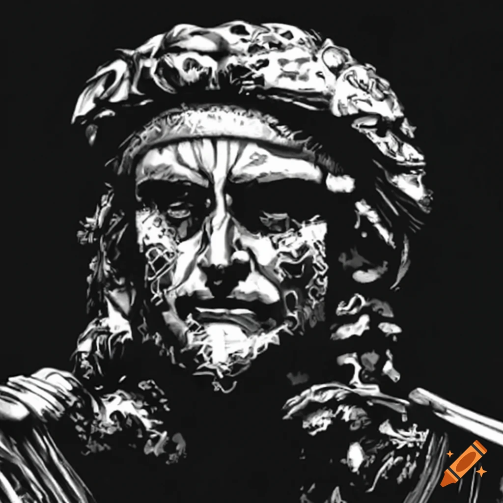 Black and white ink portrait of warrior prince John Hunyadi with detailed shading