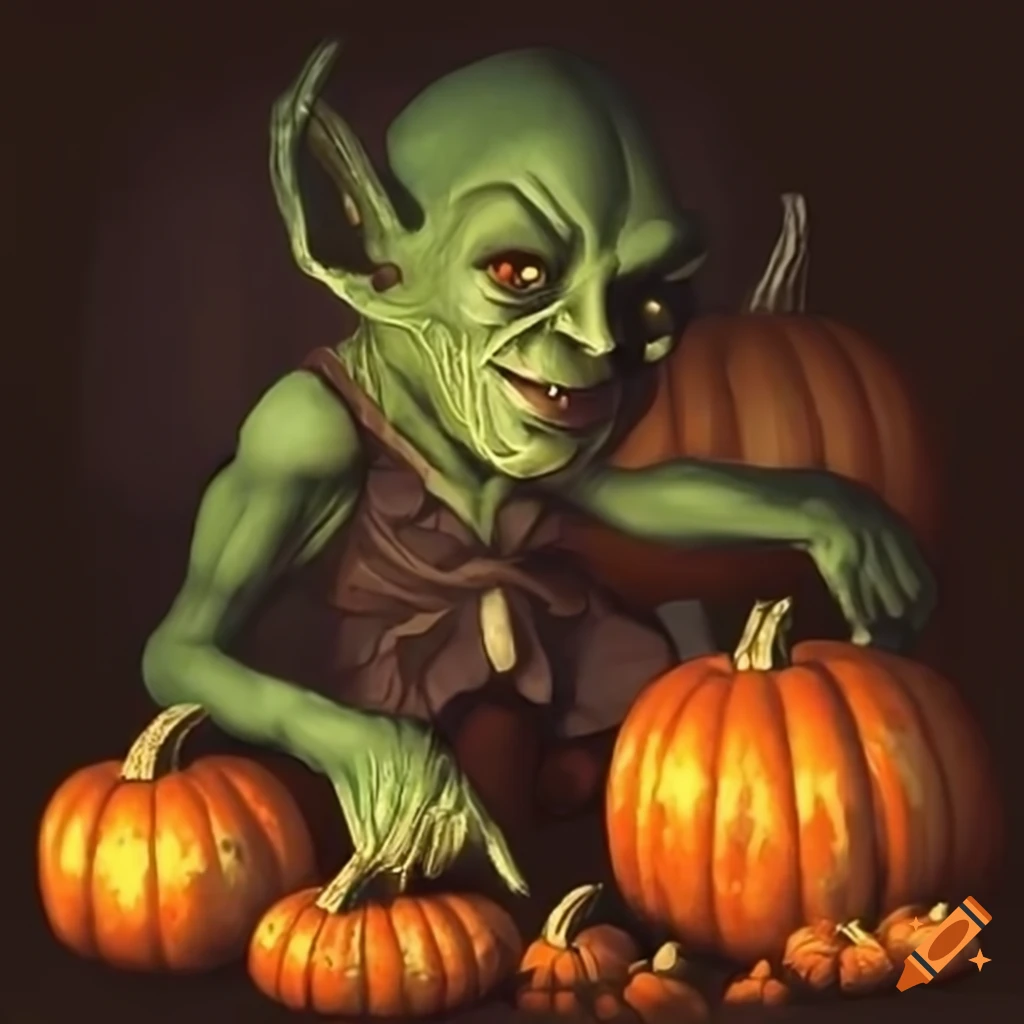 Goblin surrounded by pumpkins