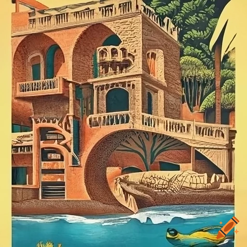 Happy water park Spanish Adventure travel poster with vibrant woodblock style