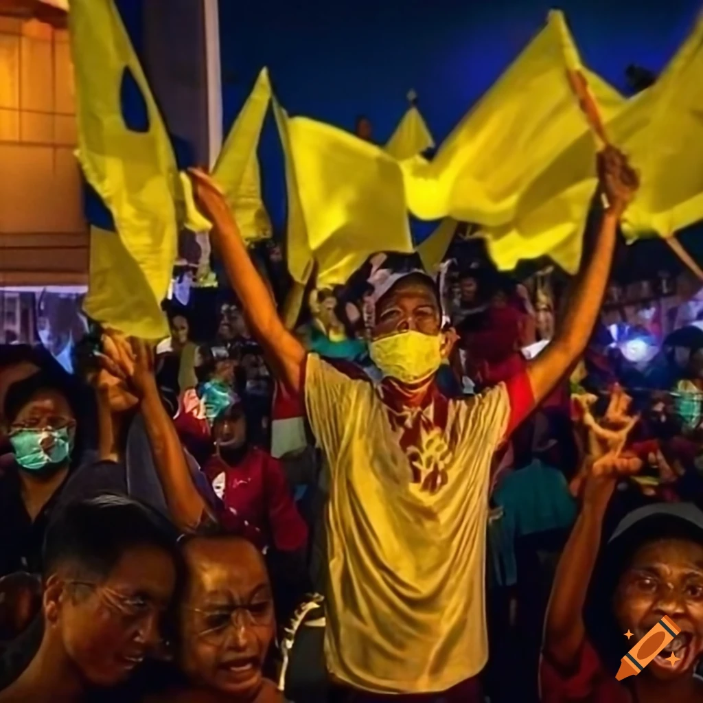 Supporters celebrating Abdullah Dudul's electoral win with yellow flags in Pulau Rintis